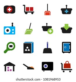 solid vector icon set - scoop vector, cereal, safe, first aid kit, cargo, warehouse, search, radio, basket, trolley