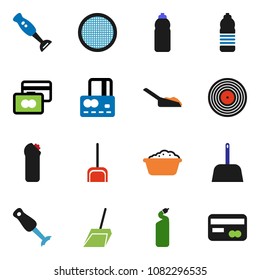 solid vector icon set - scoop vector, foam basin, cleaning agent, blender, sieve, credit card, water bottle, disk