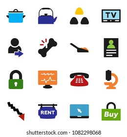 solid vector icon set - scoop vector, pan, kettle, cereal, personal information, crisis, tv, notebook pc, classic phone, broken bone, microscope, diagnostic monitor, login, rent signboard, lock, buy