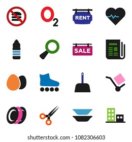 solid vector icon set - scoop vector, plates, egg, heart pulse, roller Skates, water bottle, no fastfood, oxygen, cargo, newspaper, magnifier, scissors, sale signboard, rent, apartments