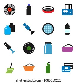 solid vector icon set - scoop vector, foam basin, cleaning agent, blender, sieve, jar, credit card, water bottle, disk