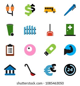 solid vector icon set - scoop vector, trash bin, ladle, pen, school bus, university, euro sign, dollar, clipboard, muscule hand, rca, ovule, medical room, usb modem, fence, 24 hour