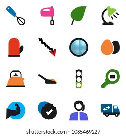 solid vector icon set - scoop vector, kettle, cook glove, whisk, mixer, sieve, egg, table lamp, leaf, crisis, muscule hand, traffic light, support, protected, cargo search, relocation truck