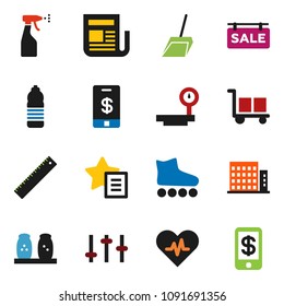 solid vector icon set - scoop vector, sprayer, spices, ruler, roller Skates, water bottle, cargo, big scales, newspaper, settings, heart pulse, favorites, sale signboard, apartments, tap pay