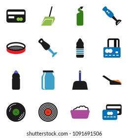 solid vector icon set - scoop vector, foam basin, cleaning agent, blender, sieve, jar, credit card, water bottle, disk