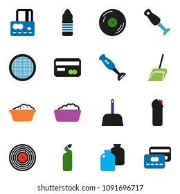 solid vector icon set - scoop vector, foam basin, cleaning agent, blender, sieve, jar, credit card, water bottle, disk