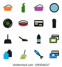 solid vector icon set - scoop vector, foam basin, cleaning agent, blender, sieve, jar, credit card, water bottle, disk
