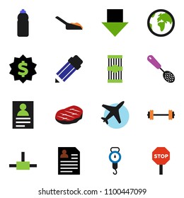 solid vector icon set - scoop vector, scales, skimmer, pasta, steak, pencil, personal information, arrow down, dollar medal, barbell, water bottle, earth, plane, connect, stop