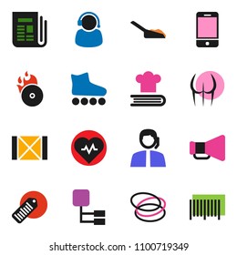 solid vector icon set - scoop vector, cookbook, heart pulse, buttocks, roller Skates, hoop, support, wood box, barcode, music hit, newspaper, loudspeaker, mobile phone, hierarchy