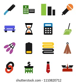 solid vector icon set - scoop vector, towel, knife, bank building, sand clock, tie, shuttlecock, sorting, microphone, battery, hospital, bench, chain, calculator, store scales
