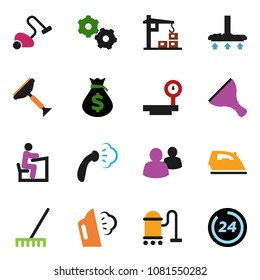 solid vector icon set - scraper vector, vacuum cleaner, rake, iron, steaming, student, money bag, big scales, group, gear, construction crane, 24 hour