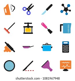 solid vector icon set - scraper vector, rake, steaming, pan, measuring cup, cook press, spatula, rolling pin, grater, sieve, scissors, social media, scalpel, diagnostic monitor