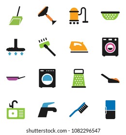 solid vector icon set - scraper vector, water tap, vacuum cleaner, fetlock, scoop, iron, sink, pan, colander, grater, washer, fridge