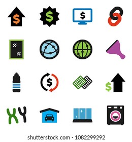 solid vector icon set - scraper vector, window cleaning, shining, exchange, dollar growth, medal, monitor, water bottle, internet, pills blister, chromosomes, chain, garage, washer