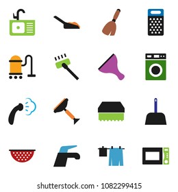 solid vector icon set - scraper vector, broom, water tap, vacuum cleaner, scoop, sponge, steaming, drying clothes, washer, sink, colander, grater, microwave oven