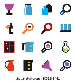 solid vector icon set - scraper vector, shining window, measuring cup, jug, jar, magnifier, flask, glass, cargo search, potion, estate