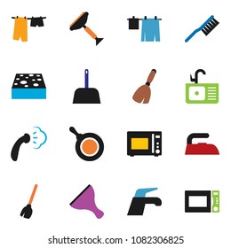 solid vector icon set - scraper vector, broom, water tap, fetlock, scoop, sponge, iron, steaming, drying clothes, sink, pan, microwave oven