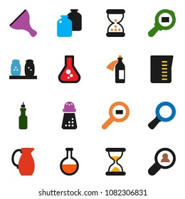 solid vector icon set - scraper vector, measuring cup, hand mill, spices, jug, jar, oil, magnifier, flask, cargo search, sand clock, potion, client