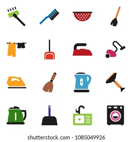 solid vector icon set - scraper vector, broom, vacuum cleaner, fetlock, scoop, iron, drying clothes, sink, kettle, colander, washer
