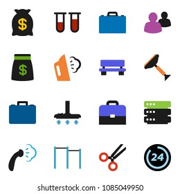 solid vector icon set - scraper vector, vacuum cleaner, steaming, case, horizontal bar, group, vial, scissors, big data, bench, money bag, 24 hour