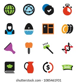 solid vector icon set - scraper vector, vacuum cleaner, window cleaning, plates, woman, cook timer, cookbook, jug, exchange, protected, internet, dna, tooth implant, sale