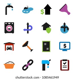 solid vector icon set - scraper vector, window cleaning, foam basin, dollar growth, monitor, route, chain, pond, water supply, garage, washer, home protect, shopping list