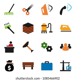 solid vector icon set - scraper vector, vacuum cleaner, rake, iron, steaming, student, case, money bag, group, scissors, big data, gear, bench, construction crane