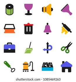 solid vector icon set - scraper vector, vacuum cleaner, scoop, sponge, trash bin, toilet paper, whisk, rolling pin, case, bell, scissors, route, glass, speaker, home