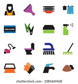 solid vector icon set - scraper vector, water tap, vacuum cleaner, fetlock, rake, clothespin, sponge, welcome mat, toilet, drying clothes, sprayer, rubber glove, plates, woman, garbage pile