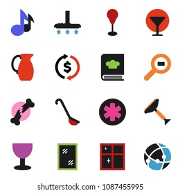 solid vector icon set - scraper vector, vacuum cleaner, window cleaning, shining, ladle, cookbook, jug, music, exchange, punching bag, glass, cargo search, ambulance star, broken bone, connection