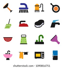solid vector icon set - scraper vector, water tap, vacuum cleaner, fetlock, scoop, sponge, iron, drying clothes, sink, pan, colander, grater, microwave oven, fridge