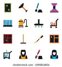 solid vector icon set  - scraper vector, cleaner trolley, vacuum, mop, car fetlock, window cleaning, toilet brush, shining, woman