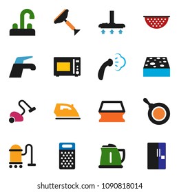 solid vector icon set - scraper vector, water tap, vacuum cleaner, sponge, iron, steaming, pan, kettle, colander, grater, microwave oven, fridge