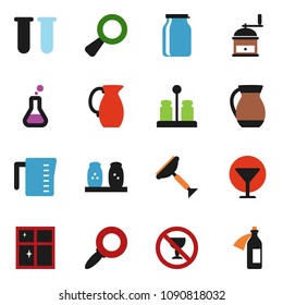 solid vector icon set - scraper vector, shining window, measuring cup, hand mill, spices, jug, jar, magnifier, no alcohol sign, glass, flask, vial, potion