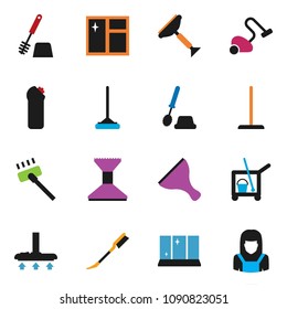 solid vector icon set - scraper vector, cleaner trolley, vacuum, mop, car fetlock, window cleaning, toilet brush, agent, shining, woman