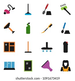 solid vector icon set - scraper vector, vacuum cleaner, mop, car fetlock, window cleaning, toilet brush, agent, shining, woman