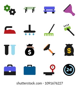 solid vector icon set - scraper vector, vacuum cleaner, rake, iron, case, money bag, horizontal bar, big scales, vial, gear, bench, 24 hour