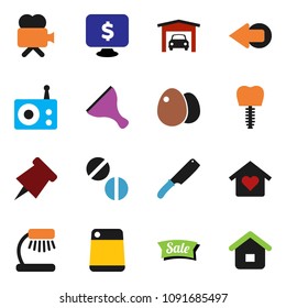 solid vector icon set - scraper vector, knife, cutting board, egg, table lamp, paper pin, monitor dollar, radio, video camera, pills, tooth implant, arrow, garage, love home, sale