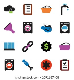 solid vector icon set - scraper vector, washer, foam basin, shining window, blender, dollar medal, ambulance star, cloud lock, chain, pond, water supply, shopping list