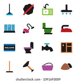 solid vector icon set - scraper vector, vacuum cleaner, mop, water tap, window cleaning, splotch, welcome mat, iron, toilet, foam basin, shining, sink, garbage pile