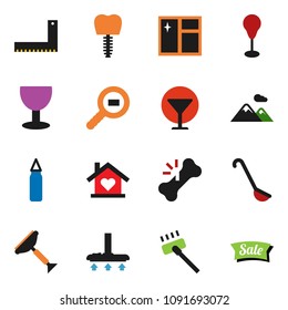 solid vector icon set - scraper vector, vacuum cleaner, window cleaning, ladle, corner ruler, punching bag, glass, cargo search, broken bone, tooth implant, mountain, love home, sale