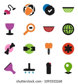 solid vector icon set - scraper vector, vacuum cleaner, cleaning agent, colander, glass, protected, cargo search, internet, ambulance star, broken bone, tooth implant, connection, pin