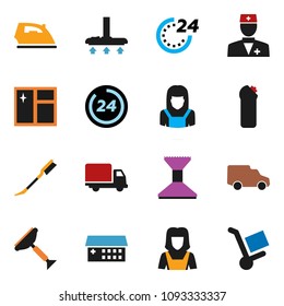 solid vector icon set - scraper vector, vacuum cleaner, car fetlock, window cleaning, iron, agent, woman, delivery, doctor, hospital building, 24 hour, trolley
