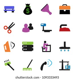 solid vector icon set - scraper vector, vacuum cleaner, rake, iron, steaming, student, money bag, case, big scales, group, scissors, data, bench, construction crane