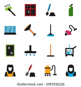 solid vector icon set - scraper vector, cleaner trolley, vacuum, mop, window cleaning, toilet brush, agent, shining, woman