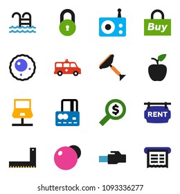 solid vector icon set - scraper vector, corner ruler, apple fruit, credit card, money search, fitball, pool, radio, amkbulance car, ovule, notebook network, lan connector, lock, rent signboard, buy