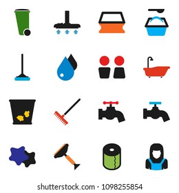 solid vector icon set - scraper vector, vacuum cleaner, mop, rake, sponge, trash bin, water drop, tap, splotch, bath, washing powder, toilet paper, closet, woman