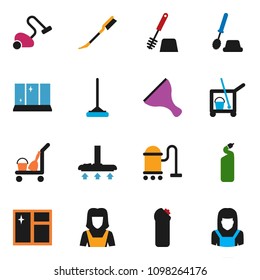solid vector icon set - scraper vector, cleaner trolley, vacuum, mop, car fetlock, window cleaning, toilet brush, agent, shining, woman