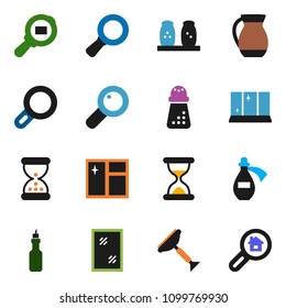 solid vector icon set - scraper vector, window cleaning, shining, hand mill, spices, jug, oil, magnifier, cargo search, sand clock, potion, estate