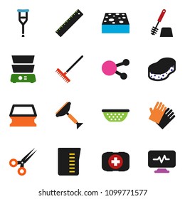 solid vector icon set - scraper vector, rake, sponge, toilet brush, rubber glove, colander, measuring cup, double boiler, ruler, first aid kit, social media, crutches, scissors, diagnostic monitor